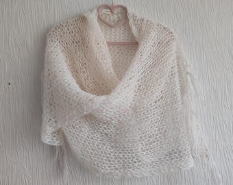WHITE PINK mohair translucent scarf shawl Wedding shawl shrug Wide and long scarf with tassels