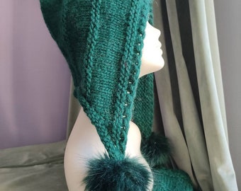 Pixie hat for women and girls Knitted warm pixie hat with hand warmers Chunky SMARAGD GREEN bonnet hat Wool earflap hat Fur pompoms One size