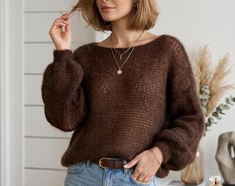 Brown Mohair Sweater Sheer Knit Top Oversized Lightweight Pullover Soft Fuzzy Sweater See Through Boho Knit Loose Jumper