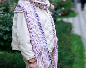 Knit Hooded Scarf: Long Tasseled Melange Yarn