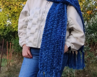 Long and wide knit scarf Must have autumn winter season Long hooded scarf Stylish accessory Blue Navy Jeans color melange yarn One copy