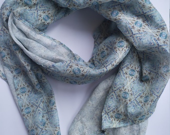 Delicate linen women scarf Thin linen shawl with geometric print Soft blue linen scarf as beach pareo or evening shawl for sea holiday