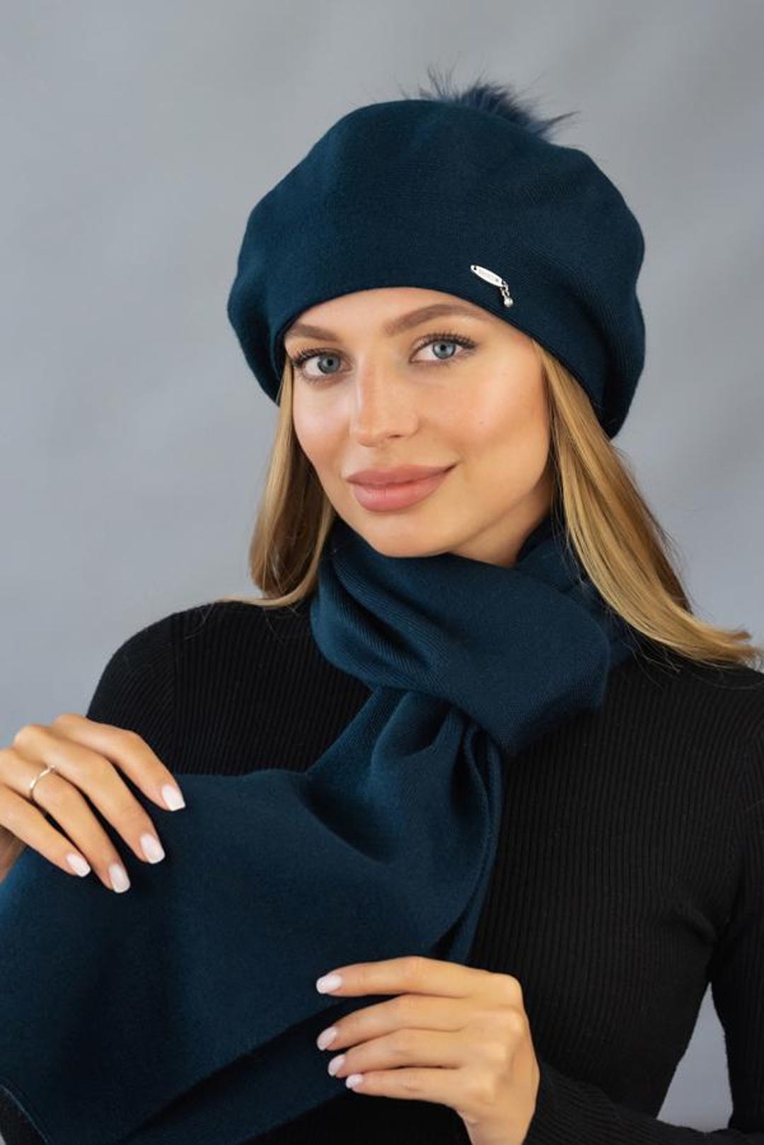 Chic Navy Beret with Pompom Women main image 4