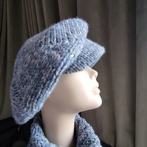 BLUE WHITE mix knit set peaked cap and mittens  Elegant cap and mittens Warm beret for women Knit visor hat CHRISTMAS gif for her One size