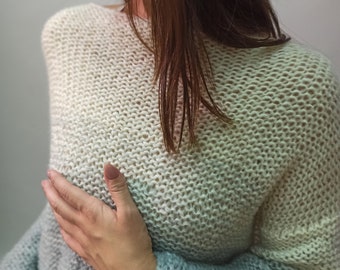Loose knit mohair jumper Cozy oversize longsleeve Sweater White/gray blue OMBRE color jumper Soft mohair pullover for Women  Oversize S M L