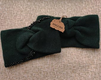 Women knit headband Angora warm headband for women and girls GREEN knitted head dress Mini turban