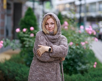 BEIGE BROWN melange Women loose shoulder sleeve overcoat Hand  knitted long coat with knit belt and scarf collar Cardigan coat