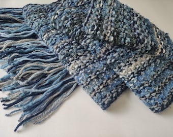 Unisex Knit Hooded Scarf: Long Blue Jeans Melange  Yarn