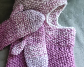 White Pink degradation set Balaclava and mittens Mohair balaclava hat for women or teen girl Chunk Warm and comfortable accessory for winter