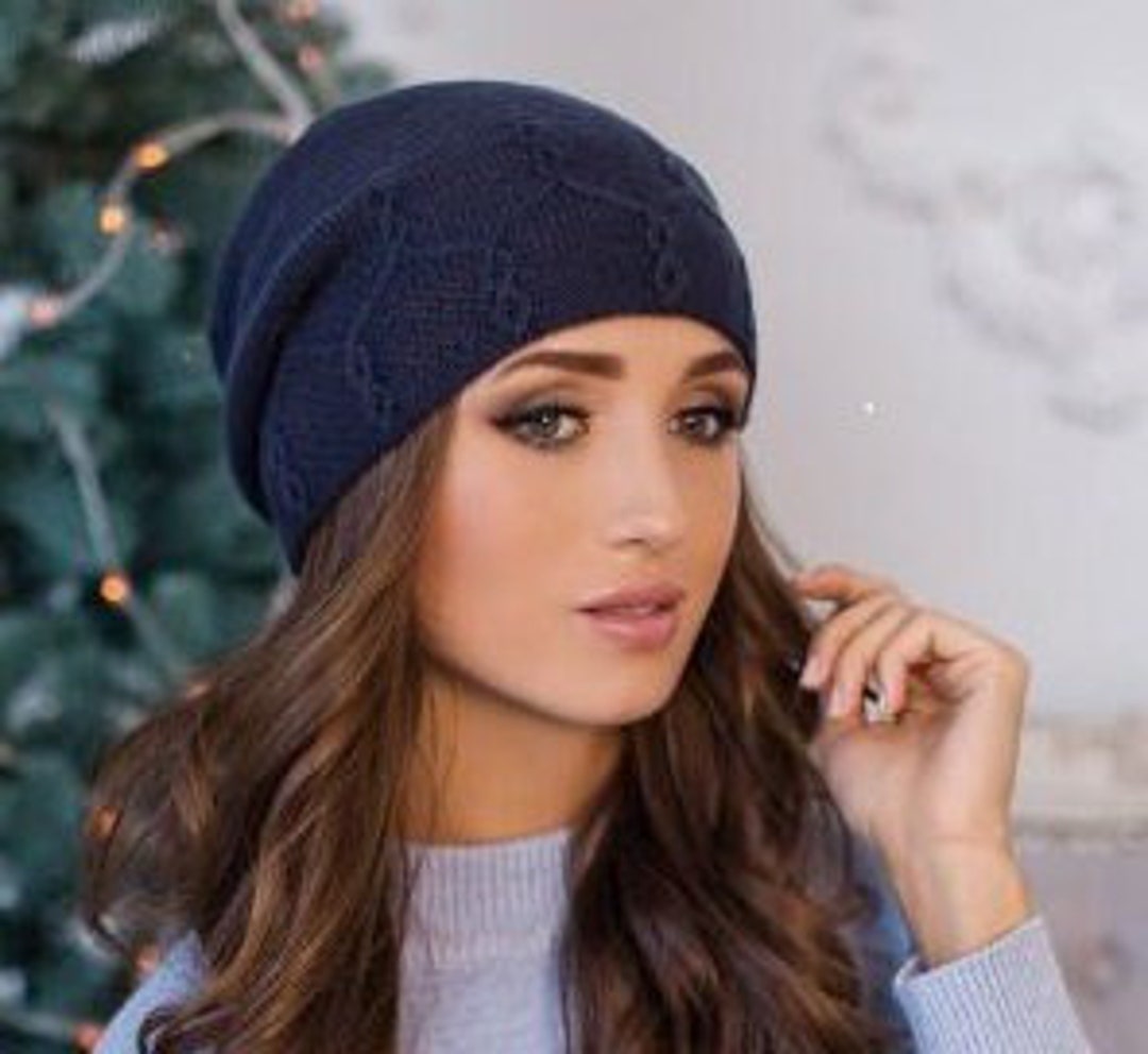 DARK BLUE Slouchy Beanie Elegant Hat NAVY Women Knit Hat Warm Etsy