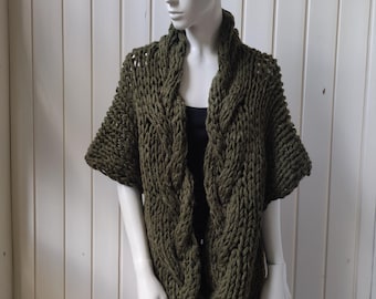 ONE copy OLIVE GREEN chunky vest cardigan elbow length sleeve Thick yarn Cardigan vest wrap