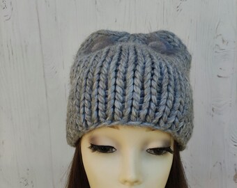 GRAY pussyhat Beanie Two little fur pompoms Cute Women knit beanie with cat ears Warm pompom hat for Girl Teenager Cat ears Wool knit hat