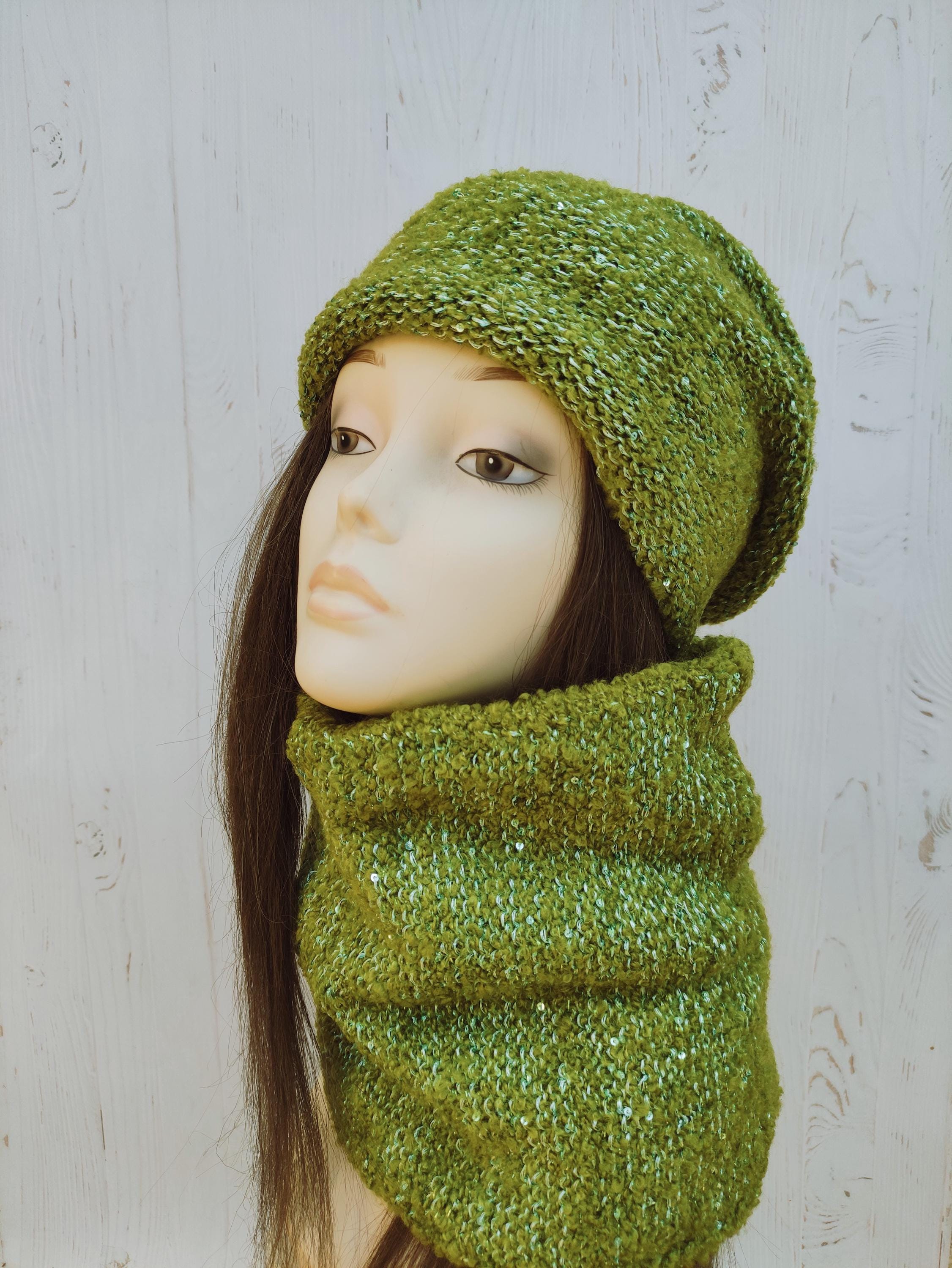 Set: Olive Green wool hat & silk scarf, multi-colored rectangle floral pattern Crochet Hat and Scarf Set: Olive Ombre Wool Blend, Big  main image 2