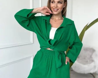 Bright green summer women's suit oversized shorts and shirt with long sleeves Cotton suit as casual, beach or home clothes