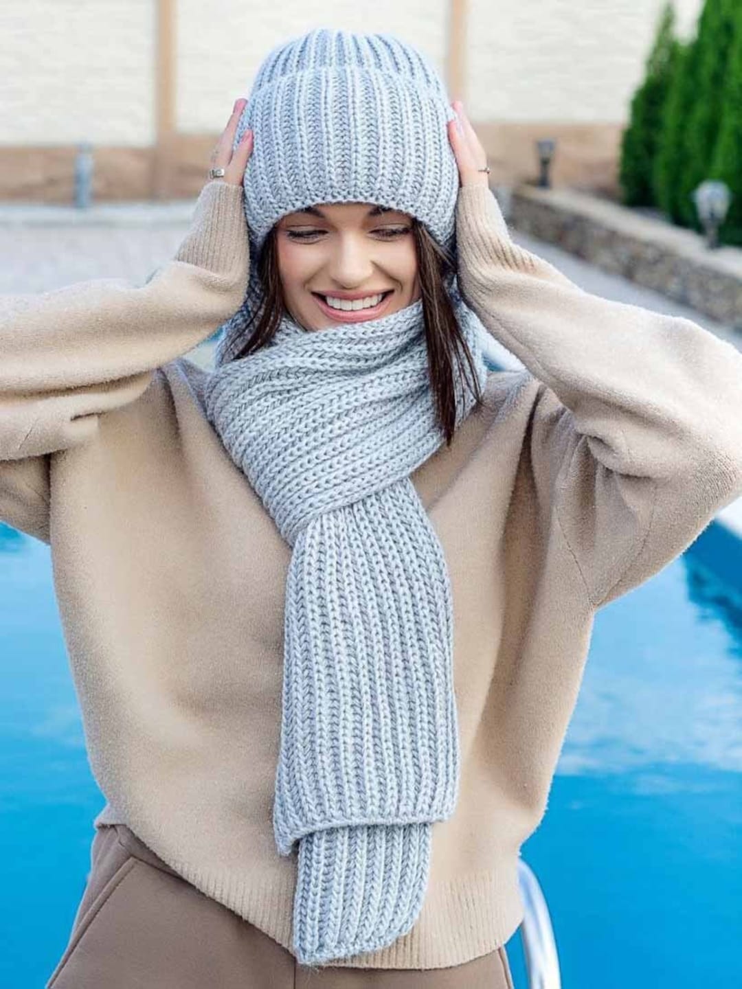 LIGHT GRAY Knit Set CHUNKY Hat and Scarf Warm Wool Beanie and Scarf ...