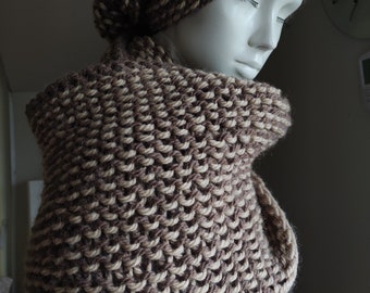 Chunky Knit Scarf and Beanie Set: Beige Brown Winter Accessory