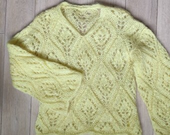 Loose natural mohair jumper Yellow longsleeve jumper Yellow mohair jumper Open weave mohair pullover for Women Vintage yarn Oversize S M L