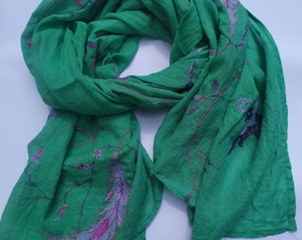 Big GREEN women linen scarf Thin linen shawl with floral embroidery Linen scarf as evening shawl for sea holiday Beautiful emerald color
