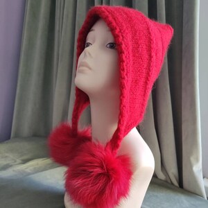 Pixie hat for women and girls Knitted warm pixie hat hood  Fall Winter Chunky BRIGHT RED bonnet hat Wool earflaps hat Fur pompoms One size