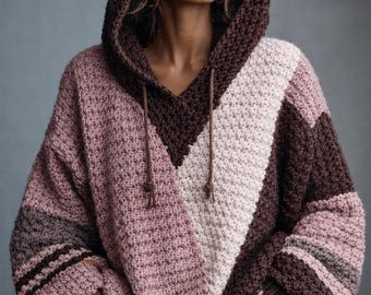 Oversized Color Block Hoodie Pattern, Crochet Hoodie PDF, Chunky Hooded Sweater, Knit Crochet Hoodie, DIY Hoodie Pattern