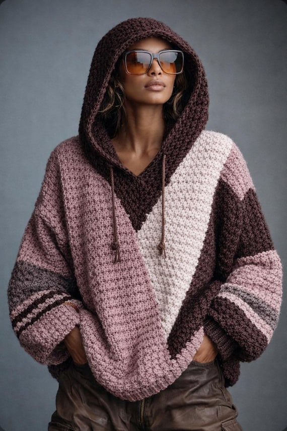 Oversized Color Block Hoodie Pattern, Crochet Hoodie PDF, Chunky Hooded Sweater, Knit Crochet Hoodie, DIY Hoodie Pattern