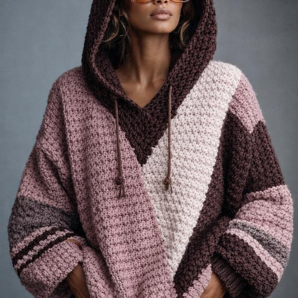 Oversized Color Block Hoodie Pattern, Crochet Hoodie PDF, Chunky Hooded Sweater, Knit Crochet Hoodie, DIY Hoodie Pattern
