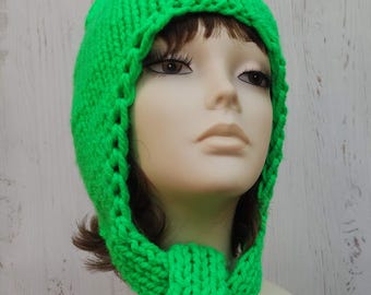 Earflaps hat for women and girls Knitted warm aviator hat Fall Winter Chunky green bonnet hat Wool earflaps hat