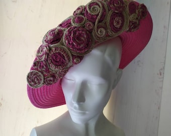 OOAK Power PINK Kapelusz słomkowy z szerokim rondem Kapelusz na wakacje na plaży Elegancki kapelusz słomkowy z szerokim rondem dla prawdziwych kobiet i stylowych dziewcząt Niepowtarzalny design