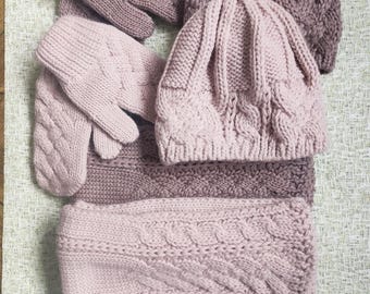 Soft PINK and DUSTY ROSE  knit set hat scarf mittens Warm wool slouchy Beanie Scarf and Mittens Christmas gift for her Cam