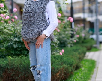 Chunky Knit Wool Vest Hand Knit Gray Sweater Vest Oversized Pullover Soft Handmade Knitwear Cozy Women Sweater Scandinavian Style Vest