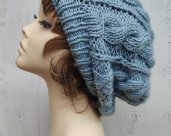 BLUE knit beanie Slouchy hat for women Cable knitting hat