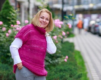 FUCHSIA MOHAIR Knit Wool Vest Hand Knit mohair Sweater Vest Oversized Pullover SoftFluffy Handmade Knitwear Cozy Women Sweater
