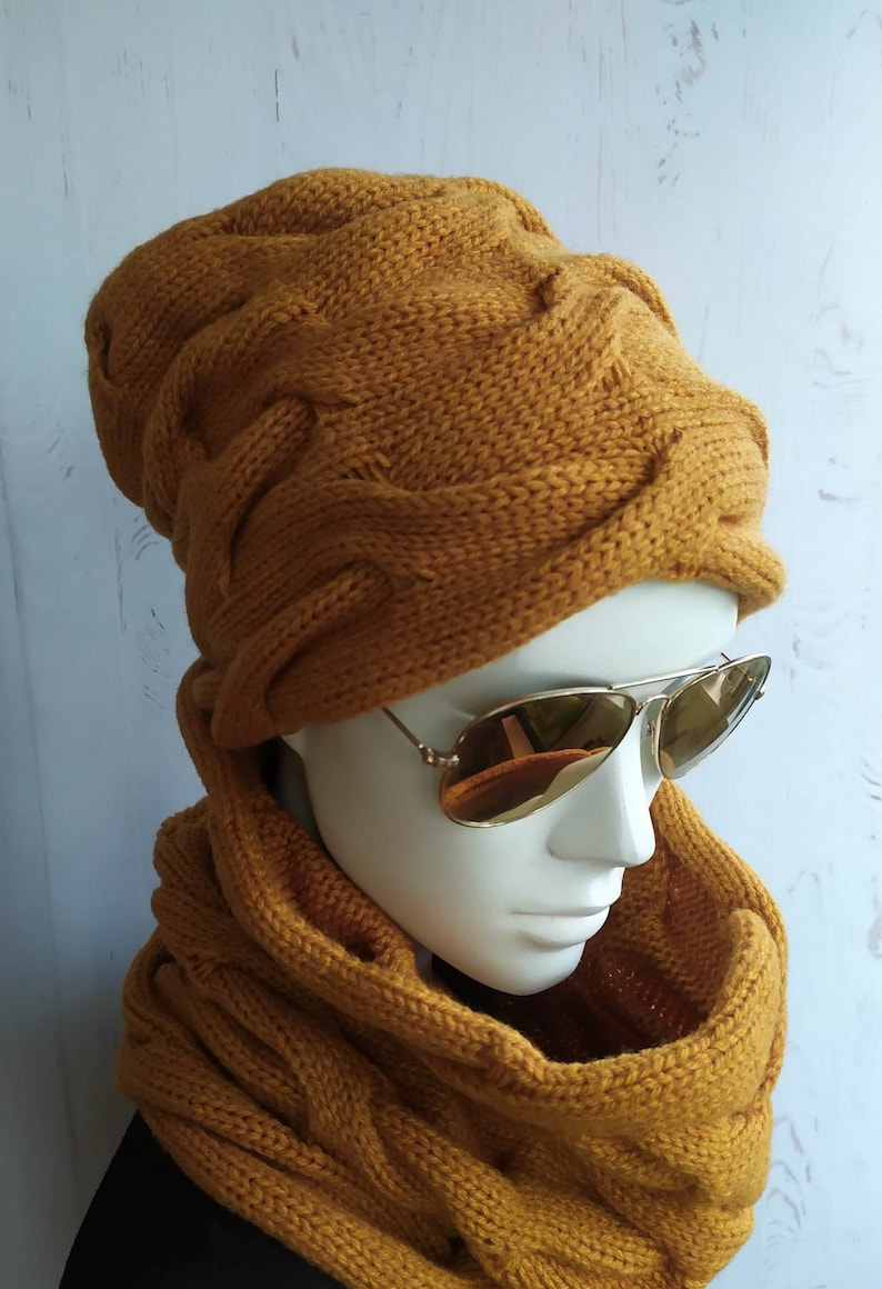 MUSTARD beautiful Knit set hat and scarf snood Yellow mustard warm wool beanie and scarf snood Knit kit for Women CHRISTMAS gift for her