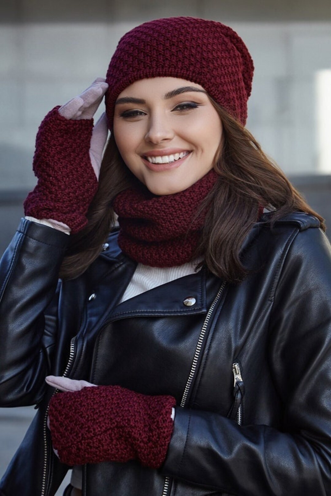 BURGUNDY Knit Set Beanie Hat Snood Gloves With Hand Warmer  display picture 2