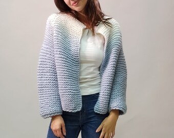 Women knitted jacket cardigan with RAGLAN sleeve White blue OMBRE color short jacket Soft mohair cardigan for Women  Oversize S M L