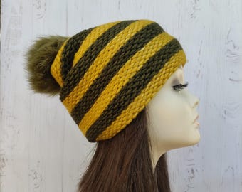 Chunky MUSTARD KHAKI knit Beanie with fur pompom Women knit hat Warm hat for Girl Teenager striped mustard khaki hat