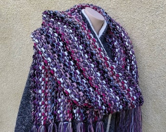 Knit Hooded Scarf: Long Tasseled Purple Lilac Pink Melange Yarn