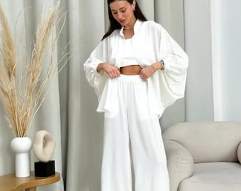 Costume léger BLANC pour femmes, pantalon palazzo surdimensionné et chemise à manches longues et larges