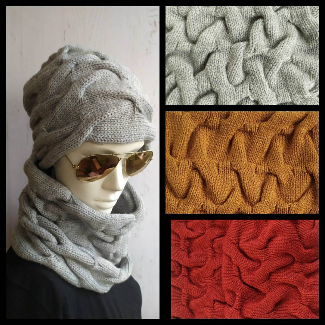 LIGHT GRAY Elegant Knit Set Hat and Scarf Snood Gray Warm Wool Beanie ...