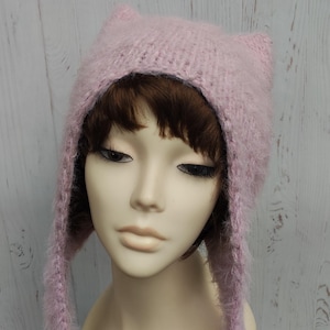 PINK fluffy cat ears hat Cute earflaps hat with Fluffy hand knit hat for girls and women Soft and cozy hat