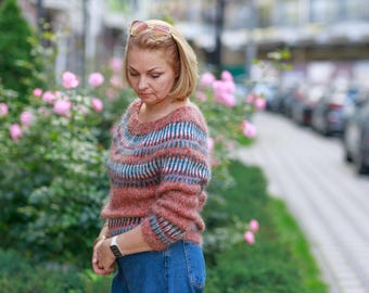 TERRACOTTA Nordic Knit Sweater Fair Isle Wool Sweater Scandinavian Colorwork Pullover Handmade mohair Women  Icelandic Style jumper