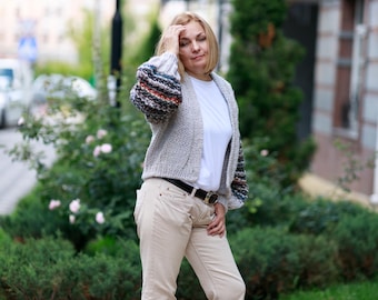 Women knitted jacket cardigan with ornament sleeve Etnick  colors Short jacket Soft wool cardigan for Women  Oversize S M L