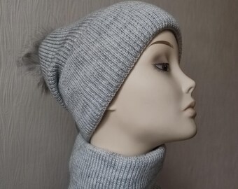 Warm Christmas gift for her GRAY Wool + Lurex knit set pompom hat and snood scarf for women or girl Comfortable beanie and scarf snood