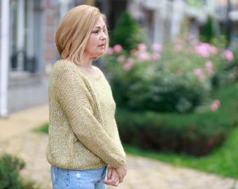 GREEN MUSTARD with delicate glitter Loose knit mohair jumper Soft mohair pullover for Women  Oversize S M L