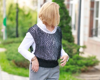 BLACK openwork Vest Hand Knit Vest Oversized Pullover Soft Handmade Knitwear Cozy Women Sweater Vest