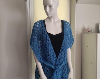 ONE copy SKY BLUE chunky vest cardigan with belt Openwork vest wrap Mohair yarn