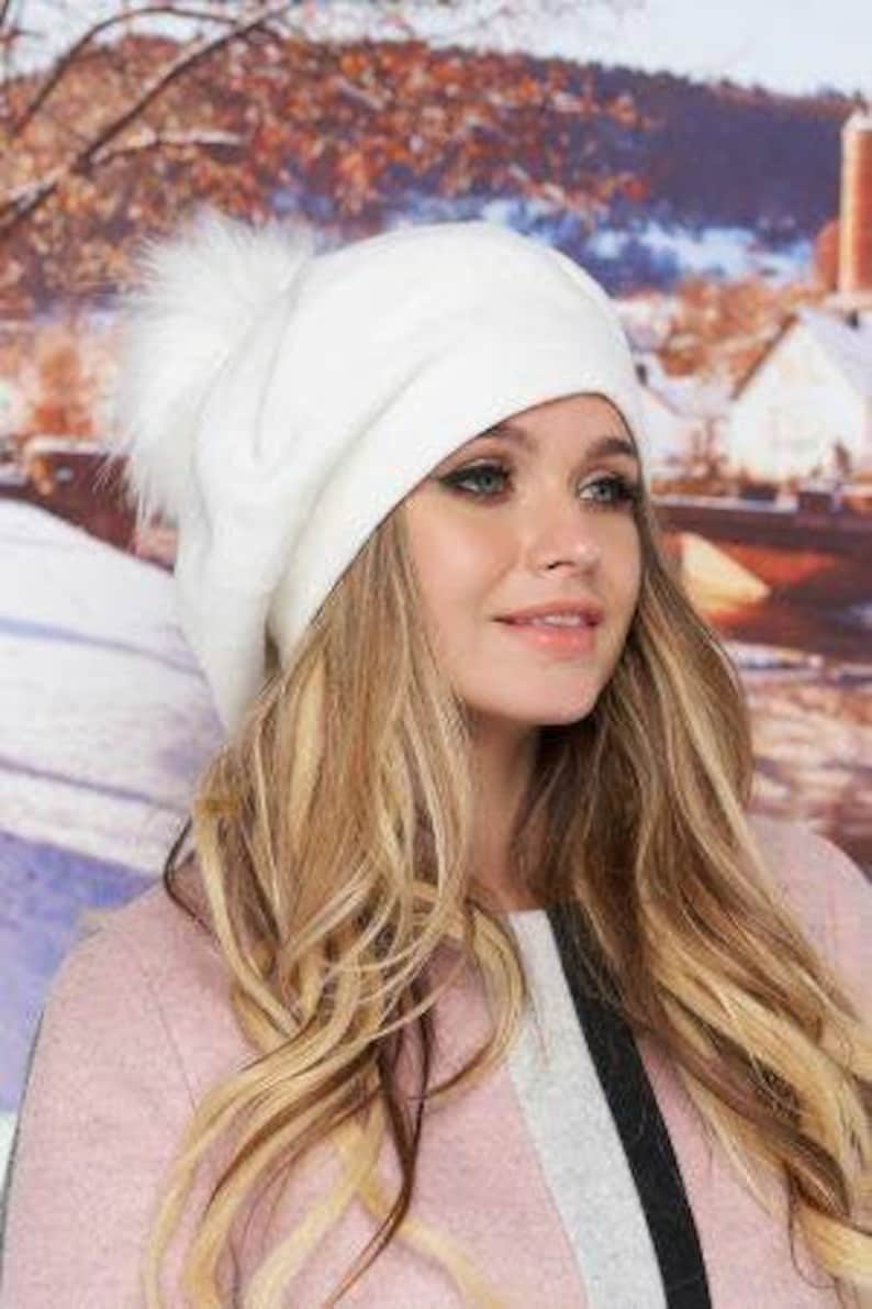 White IVORY Beret With Pompom Cute Slouchy Beanie Women Knit Beret Warm