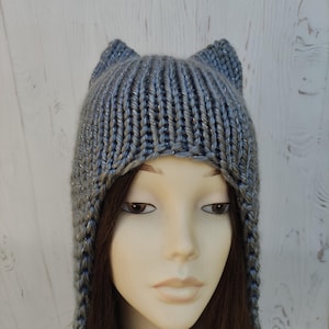 GRAY SILVER cat hat Cute hat with cat&#39;s ears Warm handknit hat for girls and women Soft and cozy hat Trend earflaps hat One copy