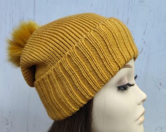 Mustard slouchy beanie with fur pompom Cute cap Women knit hat Warm slouchy hat for girl Teenager hat Wool knit pom pom hat One size