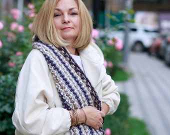Knit Hooded Scarf: Long Purple Beige Gray Melange Yarn